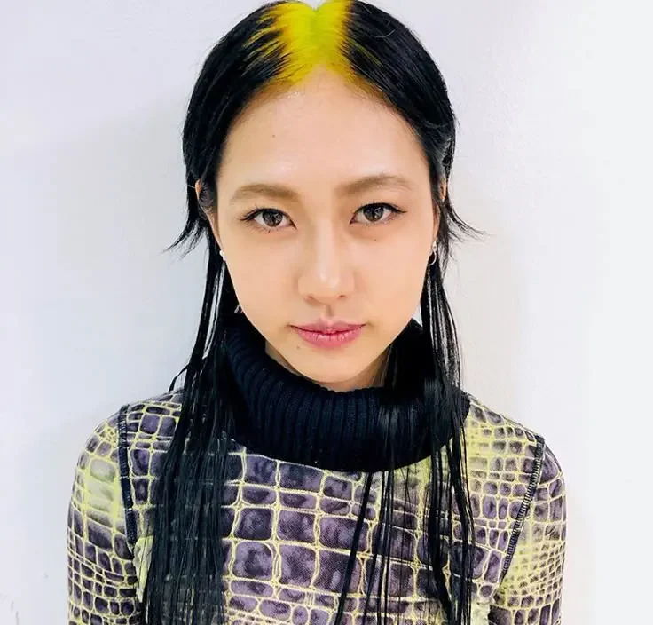 Woman with long straight black hair and a narrow neon-yellow stripe following the center-part roots.